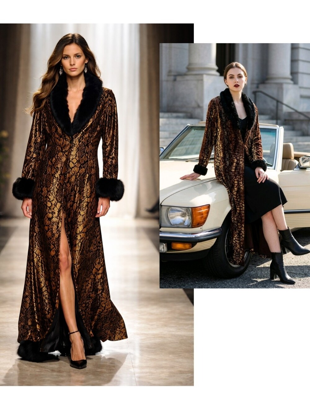Ronni Nicole II Metallic Brocade Coat with Black Fur Collar